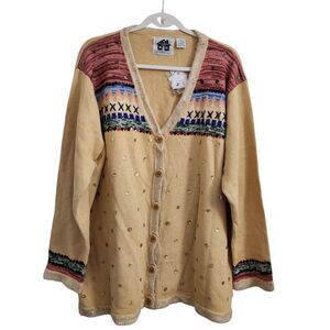 Storybook Knits Cardigan 3X Tan Fair Isle Sweater Sequin Grandmacore NWT Vintage